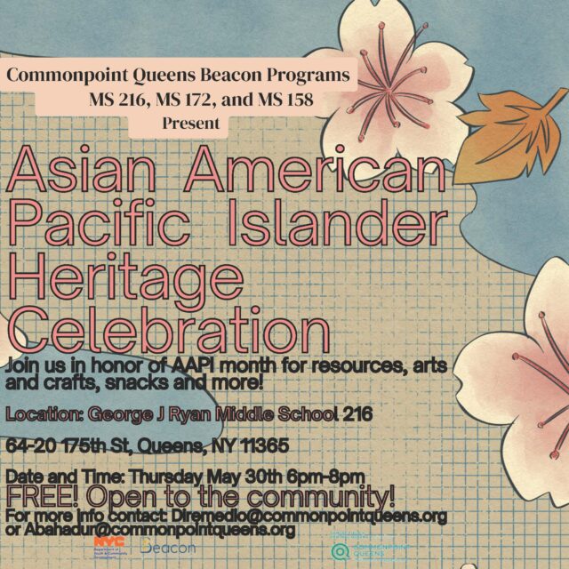 Event poster for Asian American Pacific Islander Heritage Month celebration, featuring floral designs, event details, and decorative text on a blue textured background.